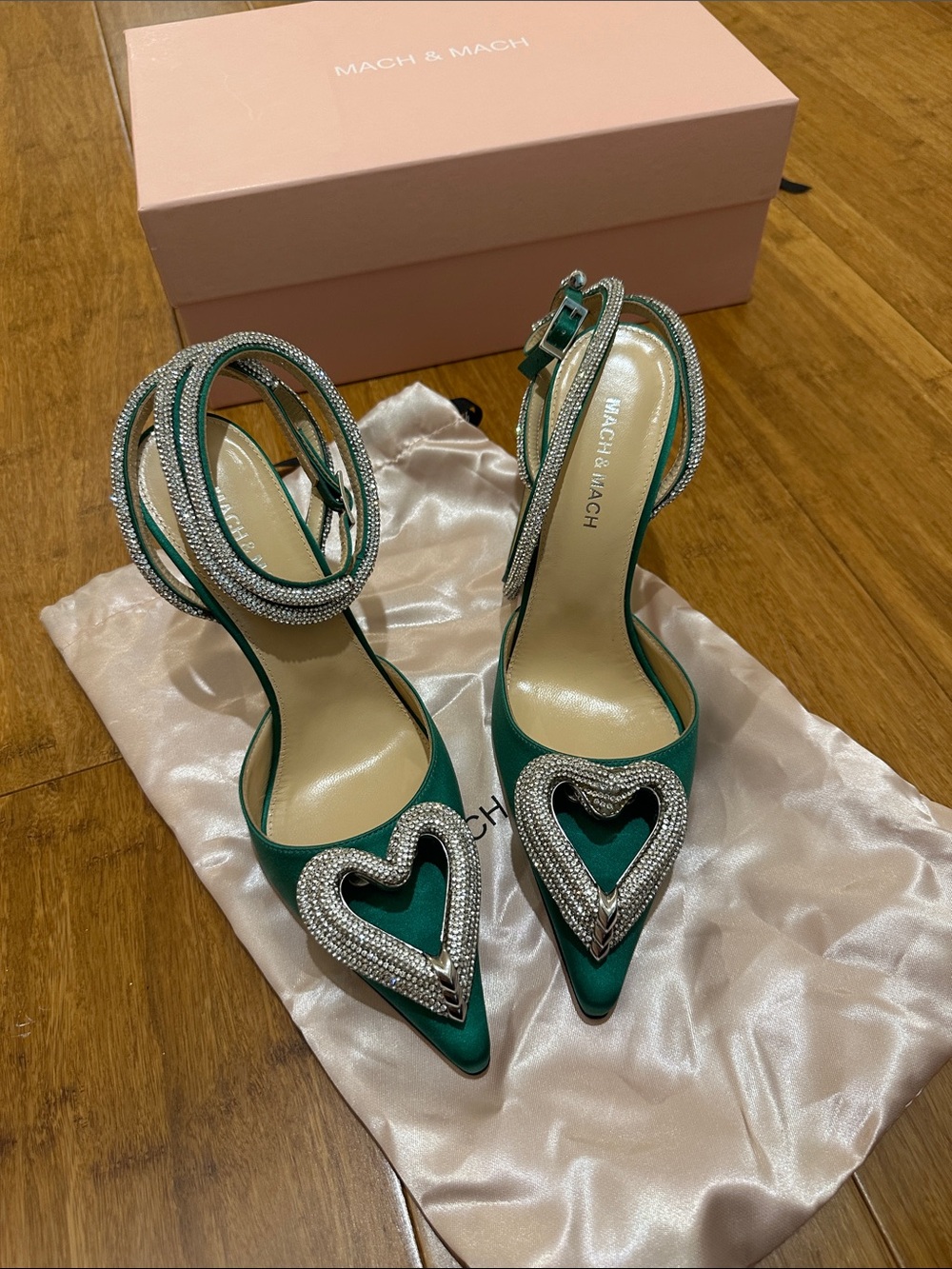 MACH & MACH Emerald Satin Crystal-Ankle Pointed Pump